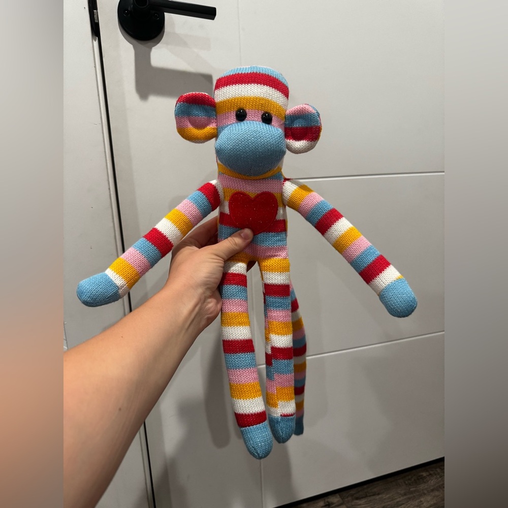 Sock Monkey Stuffed Plush Toy Colorful Striped Red Heart 18” 2010 Floral Service